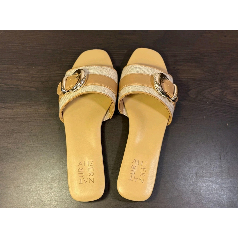 Naturalizer Elegant Rhinestone Buckle Strap Flat Sandals SZ 7.5 M Khaki Beige - Picture 7 of 12